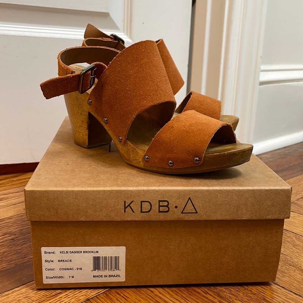 Kelsi Dagger Cognac Suede Block Heel Sandals